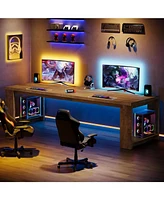 Tribesigns 2 Person Desk, 86.6 Inches Extra Long Desk, Double Computer Writing Table, All Wood Large Desks Workstation for Home Office, Natural Oak
