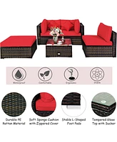 Gymax 5PCS Rattan Sectional Sofa Set Patio Furniture Set w/ Red Cushion Pillow