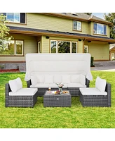 Gymax 6 Pcs Pe Rattan Patio Furniture Set w/ Tempered Glass Table and Retractable Canopy