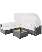 Gymax 6 Pcs Pe Rattan Patio Furniture Set w/ Tempered Glass Table and Retractable Canopy