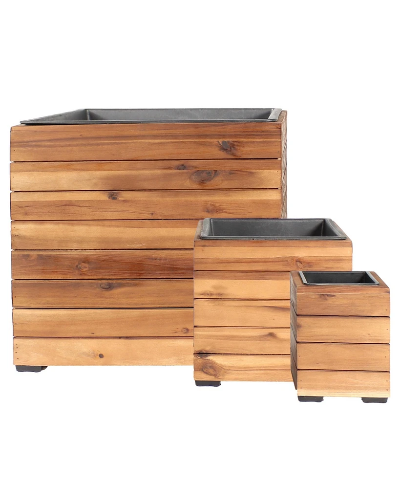 Indoor/Outdoor Wooden Planter Boxes - 3 Acacia Wood Square Plant Pots with Removable Plastic Liners - Anthracite Stain