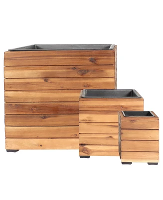 Indoor/Outdoor Wooden Planter Boxes - 3 Acacia Wood Square Plant Pots with Removable Plastic Liners - Anthracite Stain