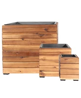 Indoor/Outdoor Wooden Planter Boxes - 3 Acacia Wood Square Plant Pots with Removable Plastic Liners - Anthracite Stain