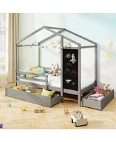 Kids Bed with 2 Drawers Solid Wood Blackboard
