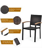Gymax 5PCS Rattan Outdoor Dining Set Patio Furniture Set w/ Wooden Tabletop