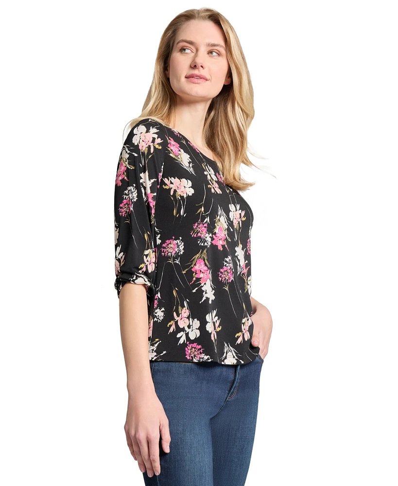 Jones New York Petite Floral-Print Puffed-Cuff Top