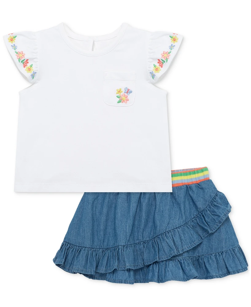 Little Me Baby Girls Embroidered Top & Chambray Skort Set
