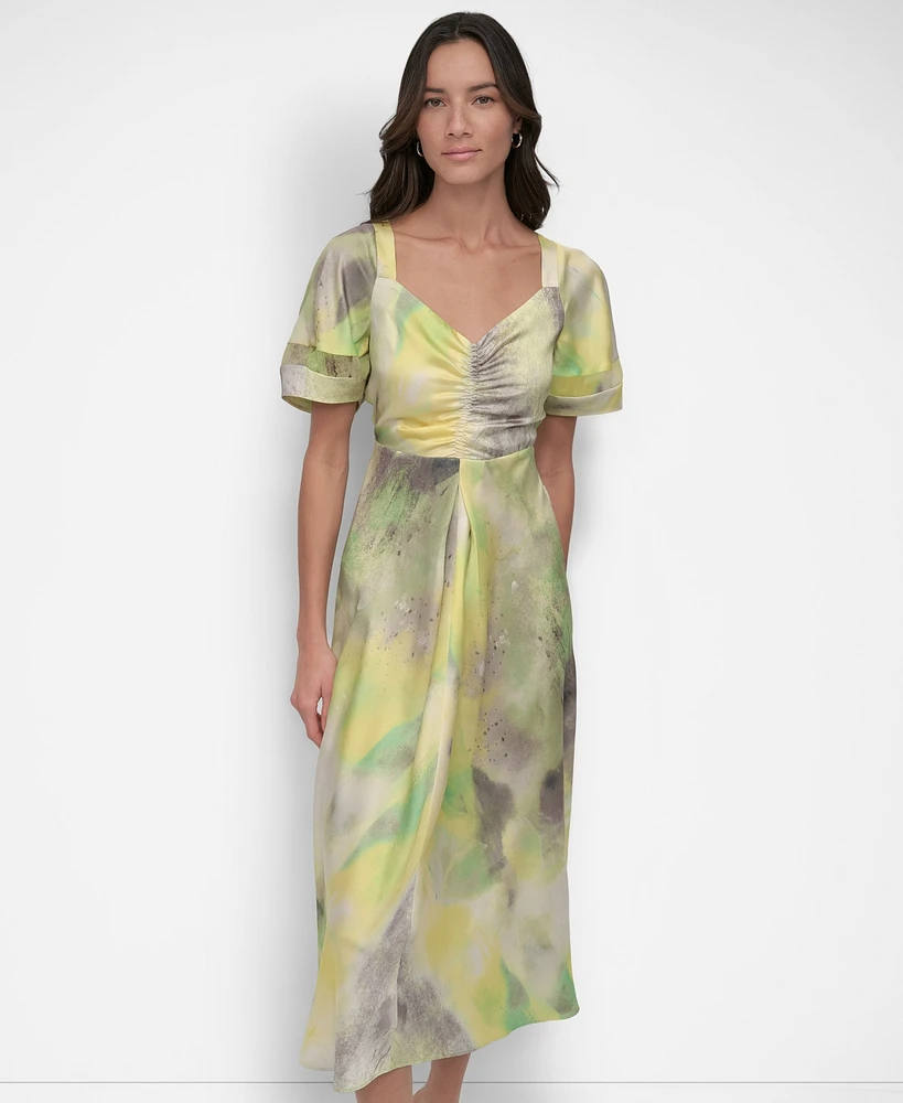 Dkny Women's Printed Ruched-Front Puff-Sleeve Dress