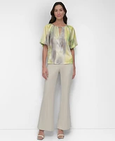Dkny Women's Printed Puff-Sleeve Keyhole Blouse