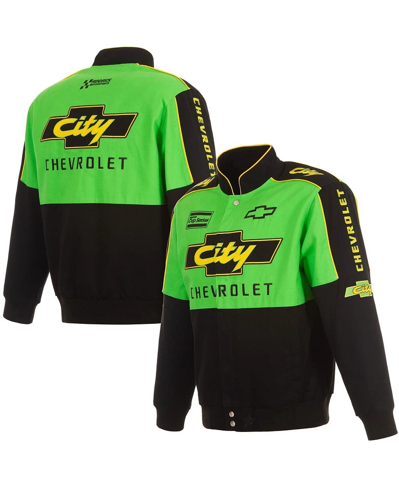 Jh Design Men's Black/Green Nascar City Chevrolet Legend Full-Snap Twill Uniform Jacket