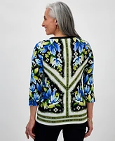 Jm Collection Petite Printed Lace-Up 3/4-Sleeve Top, Exclusively at Macy's