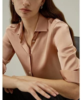 Women's Minimalist Placket Silk Blouse with Shell Buttons