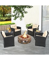 7PCS Patio Rattan Wicker Furniture Set Gas Fire Pit Table Sofa Cushion
