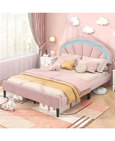 Upholstered Led Bed Frame with Adjustable Flower Headboard and Metal Support Feet