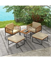 Gymax 5 Pcs Acacia Wood Patio Furniture Set w/ Ottomans Soft Cushions & Coffee Table