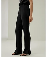 Women's Silk Straight Leg Trousers with Side Slit