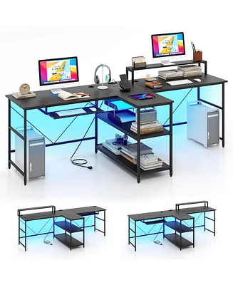 2-Person Reversible Computer Desk with Long Workspace and Led Lights for Modern Office Setup