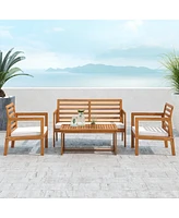 Gymax 4 Pcs Wood Patio Furniture Set w/ Soft Seat Cushions Solid Acacia Wood Frame