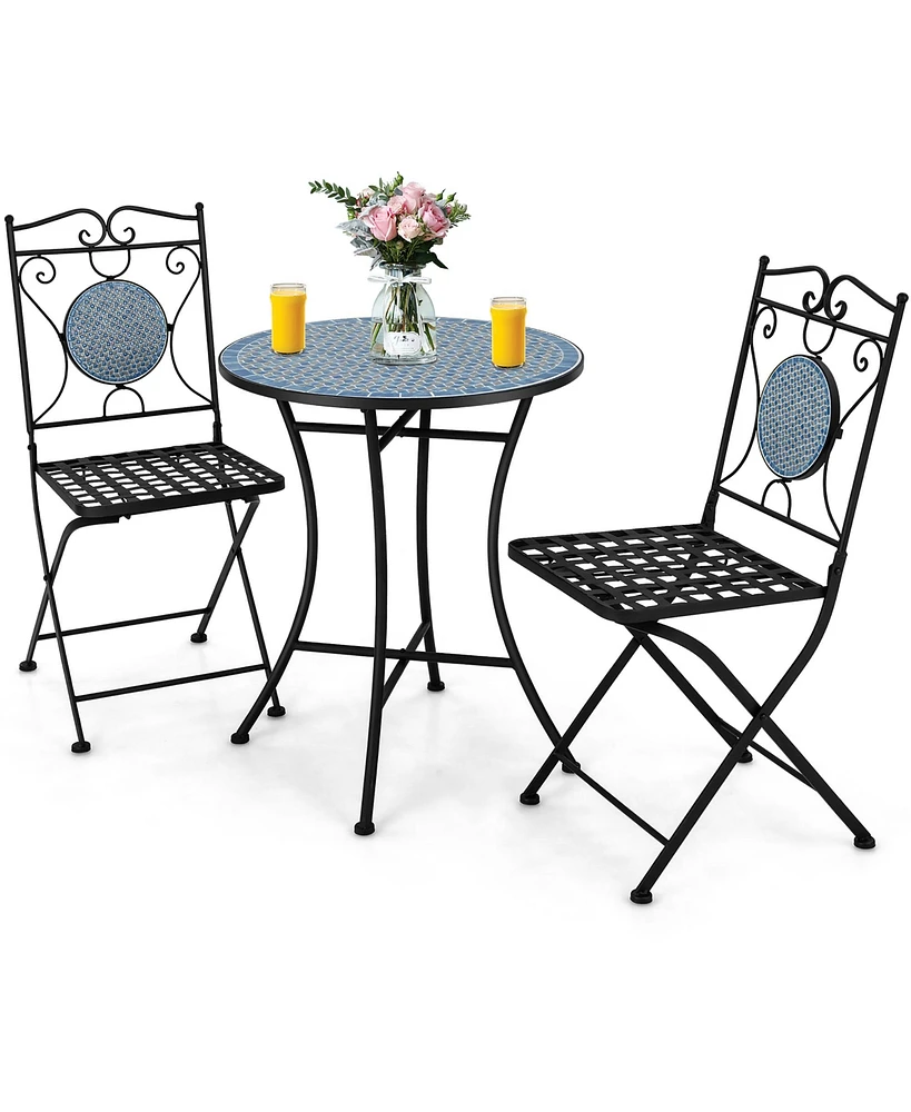 Gymax 3 Pcs Patio Bistro Set Outdoor Patio Furniture Set w/ 1 Mosaic Round Table & 2 Folding Chairs