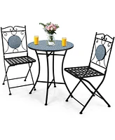 Gymax 3 Pcs Patio Bistro Set Outdoor Patio Furniture Set w/ 1 Mosaic Round Table & 2 Folding Chairs