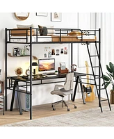 Loft Bed Metal Bed Frame with Ladder and Guardrails