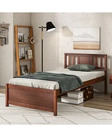 Wooden Platform Bed with Headboard and Slat Support