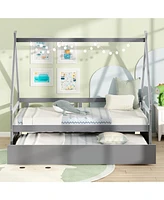 Playful House Bed with Trundle and Secure Guardrail for Children