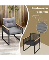 Gymax 3 Pcs Patio Furniture Set Pe Rattan Wicker Chairs w/ 2 Tier Coffee Table Soft Back