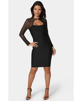 bebe Women's Long Sleeve Mesh Peek a Boo Bandage Dress