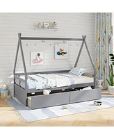 Wooden House Bed with Roof Design and Secure Guardrail