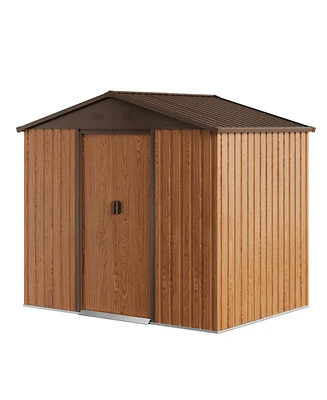 Storage Shed Metal Imitation Wood Grain 6×8 ft Tool Shed Waterproof Brown