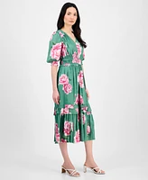 T Tahari Women's Printed V-Neck Fit & Flare Ruffle Dress