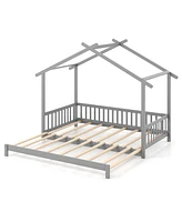 Extendable House Bed to King Daybed with Roof and Fence Rails