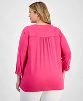 Kasper Plus Size Draped 3/4-Sleeve Henley Top