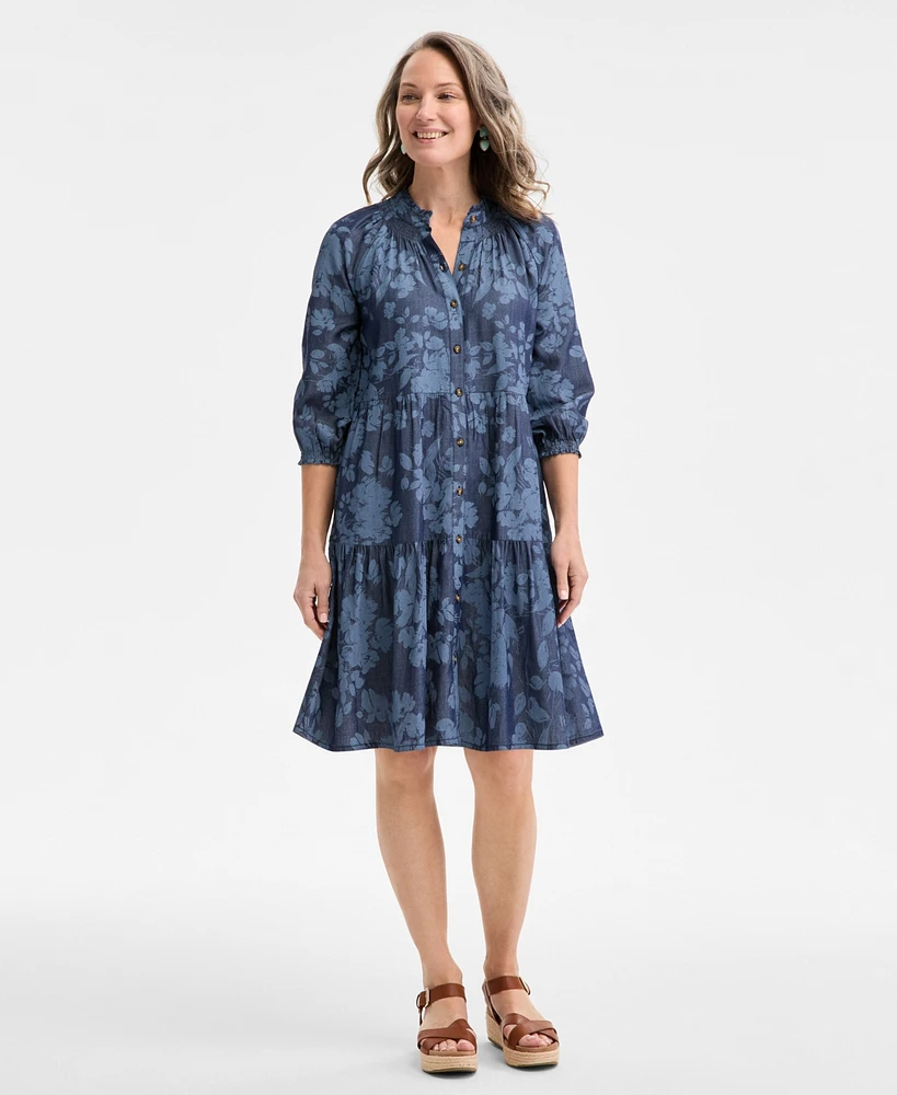 Style & Co Women's Floral Chambray 3/4-Sleeve Tiered Dress, Exclusively at Macy's