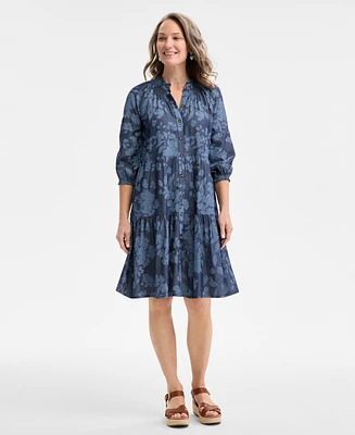 Style & Co Women's Floral Chambray 3/4-Sleeve Tiered Dress, Exclusively at Macy's