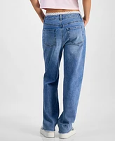 Tinseltown Juniors' High-Rise Lace-Trim Boyfriend Jeans