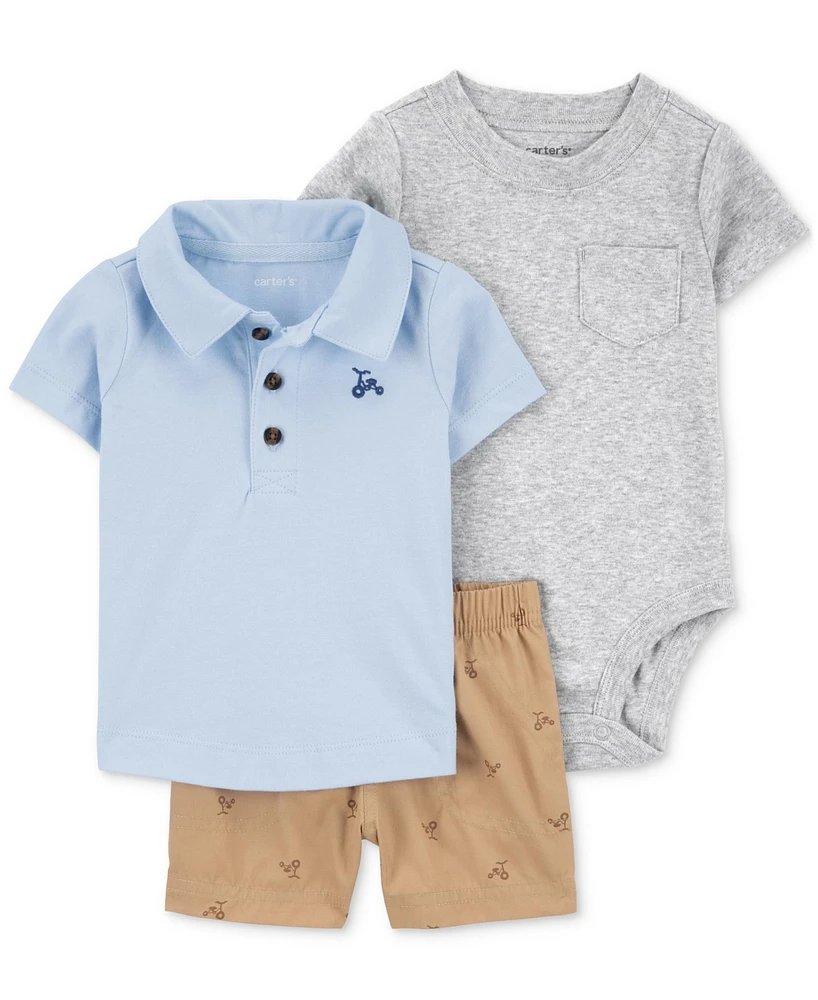 Carter's Baby Boys Tricycle Polo Shirt, Bodysuit & Shorts, 3 Piece Set