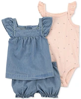 Carter's Baby Girls Cotton Chambray Top, Shorts & Printed Bodysuit, 3 Piece Set