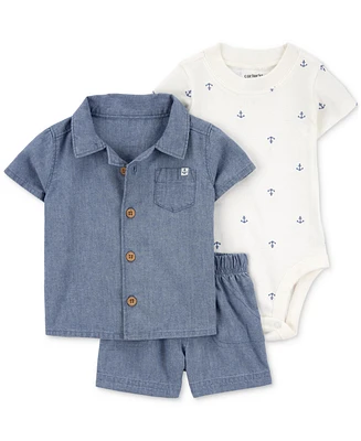 Carter's Baby Boys 3-Pc. Cotton Chambray Top, Shorts & Anchor-Print Bodysuit Set