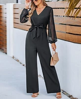 Women's Elegant Sheer-Sleeve Belted Jumpsuit