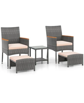 5 Pieces Patio Conversation Set with Soft Cushions and Ottomans-Beige