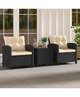 Gymax 3 Pcs Patio Furniture Set w/Tempered Glass Coffee Table Washable Cushions