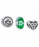 Bling Jewelry Mixed Set Sterling Silver Glass Charm Bead Celtic Shamrock Irish Green Clover Knot