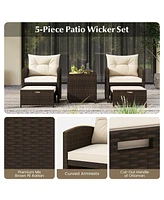 5 Pieces Patio Rattan Furniture with 2 Ottomans and Tempered Glass Coffee Table