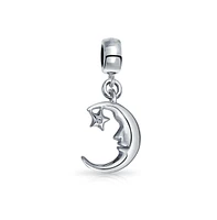 Bling Jewelry Starry Night Crescent Moon & Star Dangle Charm Bead Sterling Silver for Bracelet