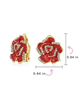 Bling Jewelry Pink Red Enamel Flower Crystal Edge Clip-On Earrings 14K Gold Plated Non-Pierced