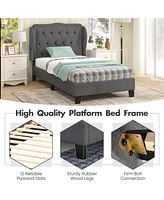 Bed Frame with Button Tufted Wingback Headboard and Storage Space