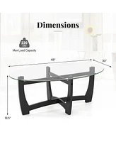 Oval Coffee Table with Tempered Glass Tabletop and Rubber Wood Legs