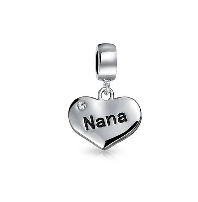 Bling Jewelry Word Nana Heart Dangle Charm Bead for Grandmother Crystal Sterling Silver Fit Bracelet